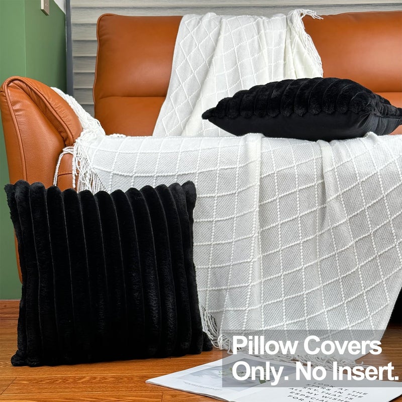 COTEY 24x24 Throw Pillow Covers Set of 2  Decorative Faux Fur Covers for Bed  Couch Soft Fluffy Pillow Cover with Velvet Back for Living Room  Neutral Home D?cor Accent for Sofa - Black - Image 2